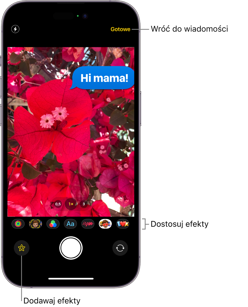 Edytowanie zdjęcia w aplikacji Wiadomości. Poniżej zdjęcia widoczne są przyciski umożliwiające zastosowanie różnych efektów.