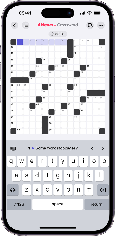 Um puzzle de palavras-cruzadas não feito, com controles acima e abaixo dele, além de um teclado aberto na parte inferior.