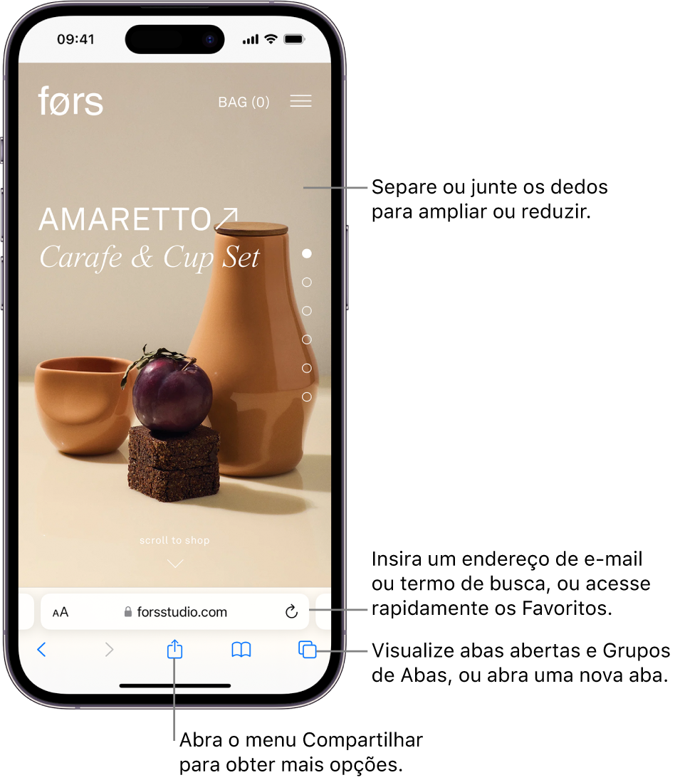 Site aberto no Safari, com o campo de endereço na parte inferior. Na parte inferior, da esquerda para a direita, estão os botões Voltar, Avançar, Compartilhar, Favoritos e Abas.