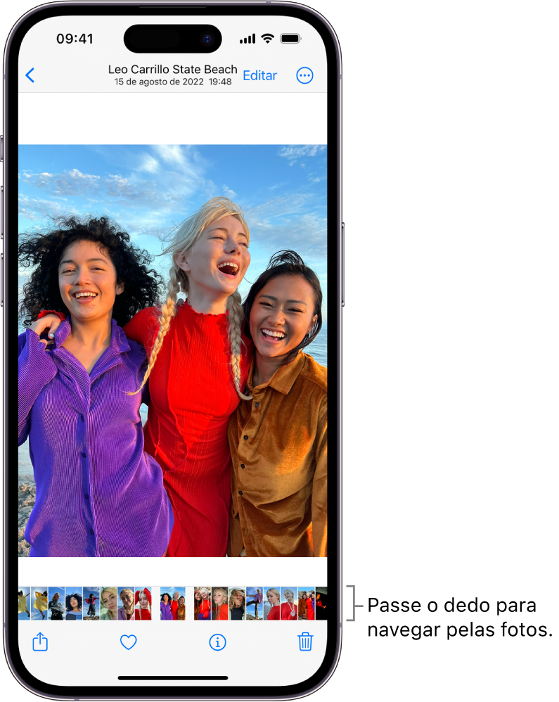Uma foto com miniaturas de outras fotos ao longo da parte inferior da tela. Na parte superior esquerda está o botão voltar, que leva você de volta à visualização que estava explorando. Ao longo da parte inferior encontram-se os botões Compartilhar, Curtir e Apagar. Na parte superior direita encontra-se o botão Editar.