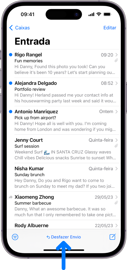 Caixa de Entrada, mostrando uma lista de e‑mails. O botão Desfazer Envio para trazer de volta um e-mail recém-enviado está no centro da parte inferior da tela.
