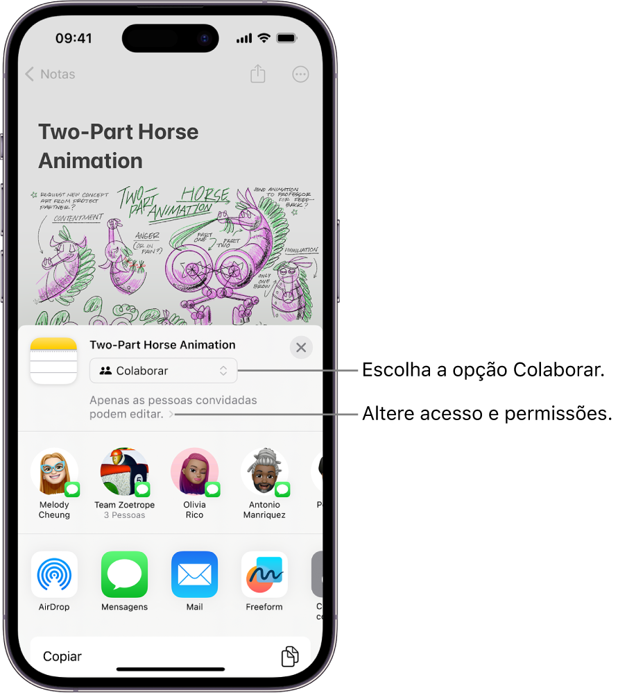 Um convite de colaboração para um desenho no app Notas, mostrando Colaborar na opção de compartilhamento e “Apenas as pessoas convidadas podem editar” como ajuste de acesso e permissão. Quatro possíveis destinatários, incluindo um grupo, formam uma linha abaixo disso. A seção inferior oferece maneiras diferentes de compartilhar a nota: AirDrop, Mensagens, Mail e Freeform.