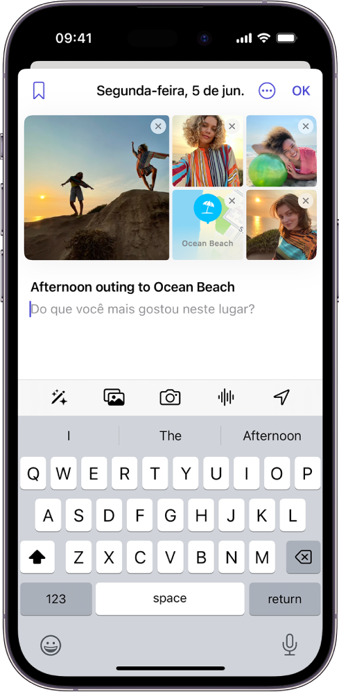 A tela para redigir uma entrada no diário, com fotos na parte superior e um tópico para ajudar você a começar a escrever.