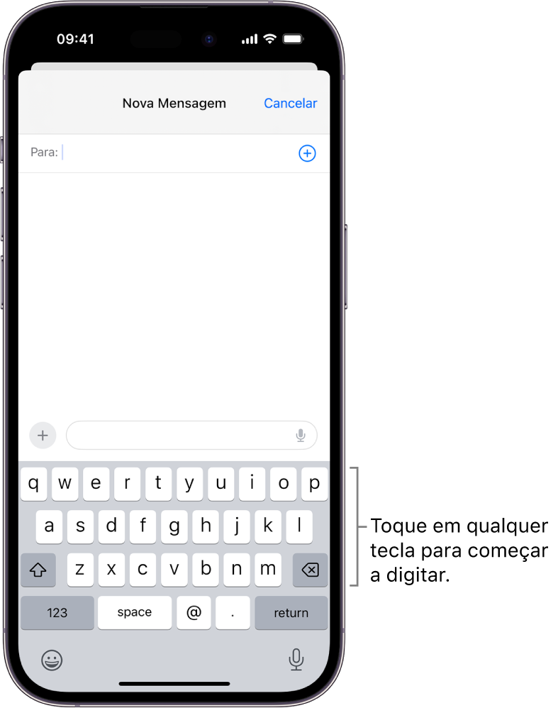 Um e-mail em branco está aberto no app Mail. O teclado está na metade inferior da tela.