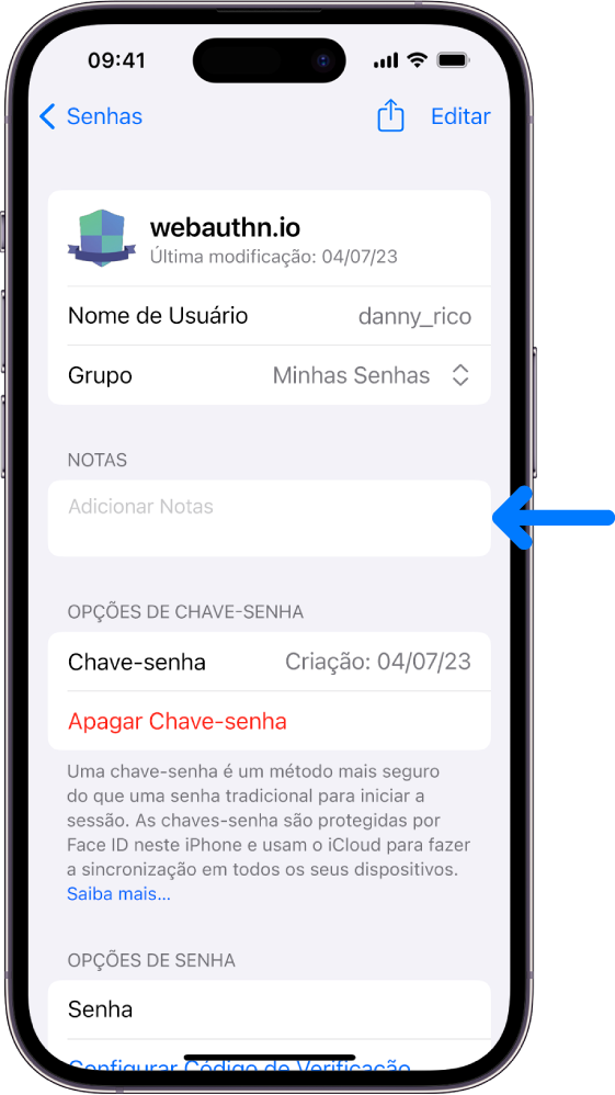 Uma tela de chave-senha nas Chaves do iCloud com informações sobre a chave-senha e um lugar para adicionar e visualizar notas.