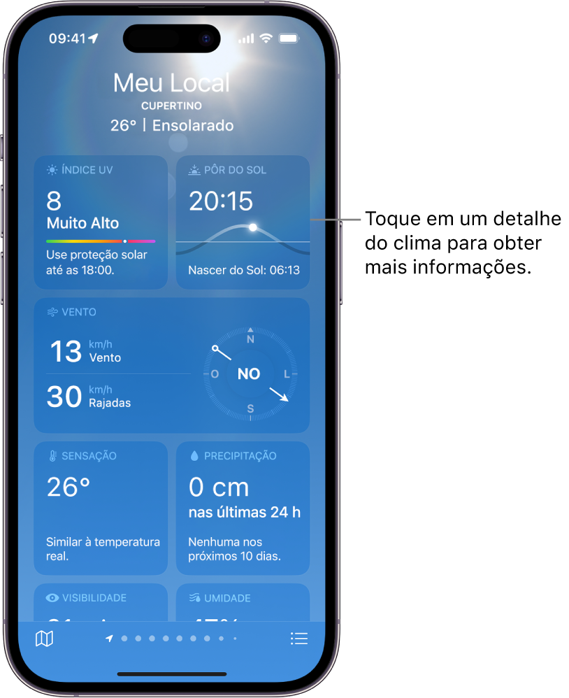 Tela do app Tempo mostrando a localização na parte superior, e a temperatura e condição do tempo atuais. O resto da tela contém detalhes do tempo destes elementos: qualidade do ar, precipitação, índice UV e pôr do sol.