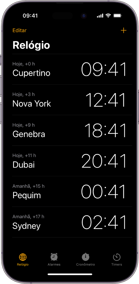A aba Relógio, mostrando a hora em várias cidades. O botão Editar, próximo ao canto superior esquerdo, permite reordenar ou apagar relógios. O botão Adicionar, próximo ao canto superior direito, permite adicionar mais relógios. Os botões Relógio, Alarme, Cronômetro e Timers estão ao longo da parte inferior.