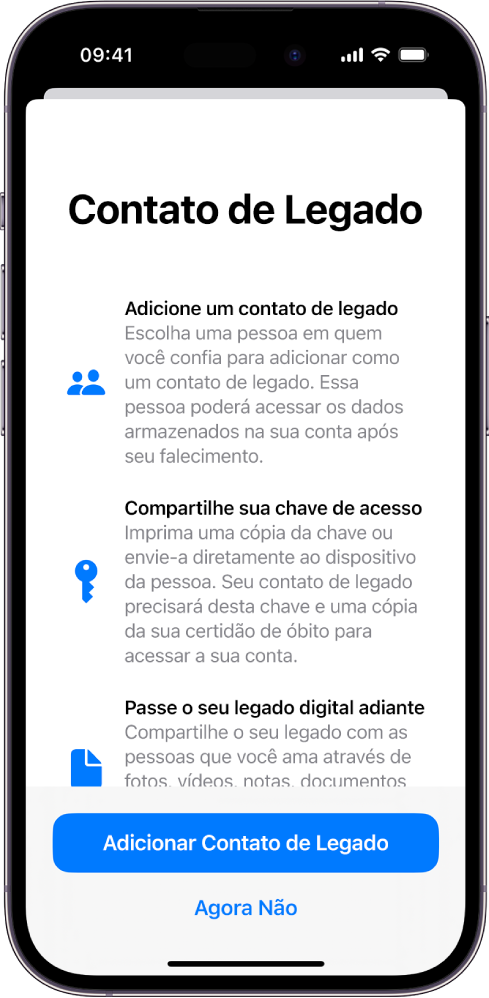 A tela de Contato de Legado com informações sobre esse recurso. O botão Adicionar Contato de Legado está na parte inferior.