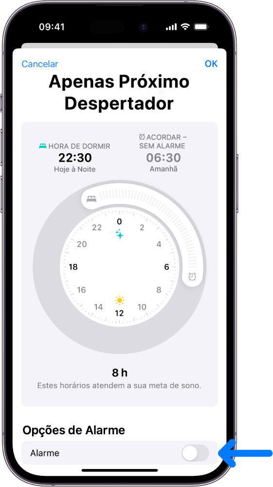 Tela Apenas Próximo Despertador no app Saúde com Alarme desativado na parte inferior.