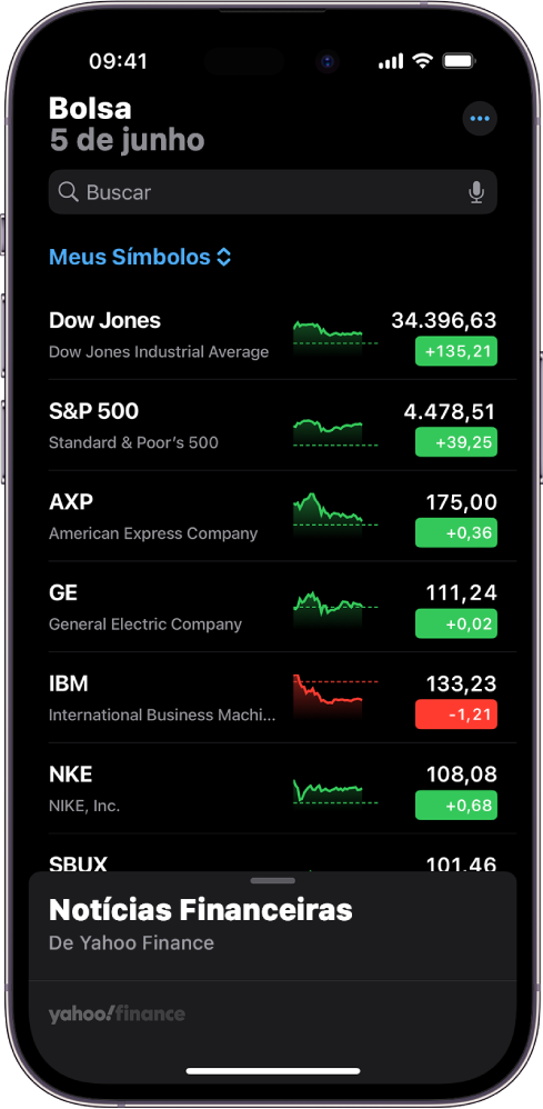 Uma lista de ações no app Bolsa mostrando uma lista com ações diferentes. Cada ação na lista mostra, da direita para a esquerda, o símbolo e o nome da ação, um gráfico de desempenho, o preço da ação e as alterações de preço. Na parte superior da tela, acima da lista de ações Meus Símbolos, há um campo de busca. Na parte inferior da tela está a seção Notícias Financeiras. Passe o dedo para cima nas notícias de negócios para visualizar os artigos.