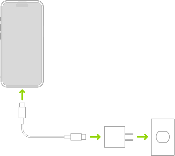 iPhone conectado ao adaptador de alimentação ligado a uma tomada.