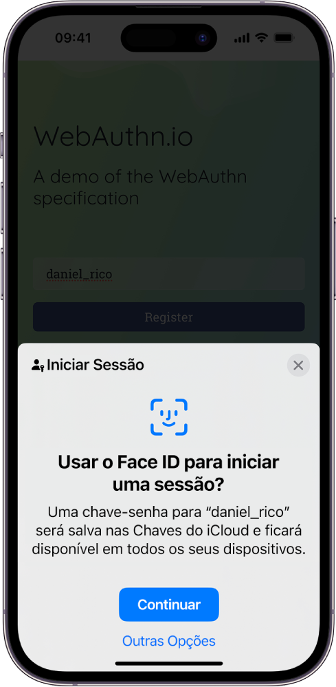 Tela de início de sessão que aparece quando uma chave-senha é salva para a conta. Os botões Continuar e Outras Opções estão na parte inferior da tela.