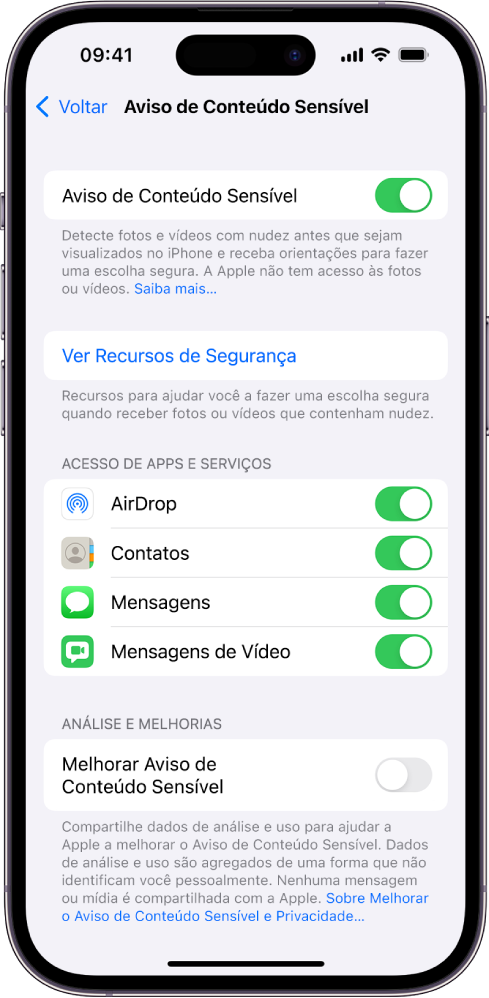 Os ajustes de Avisos de Conteúdo Sensível, com o link “Ver Recursos de Segurança” e o botão “Melhorar Aviso de Conteúdo Sensível” para compartilhar dados de análise e uso com a Apple.