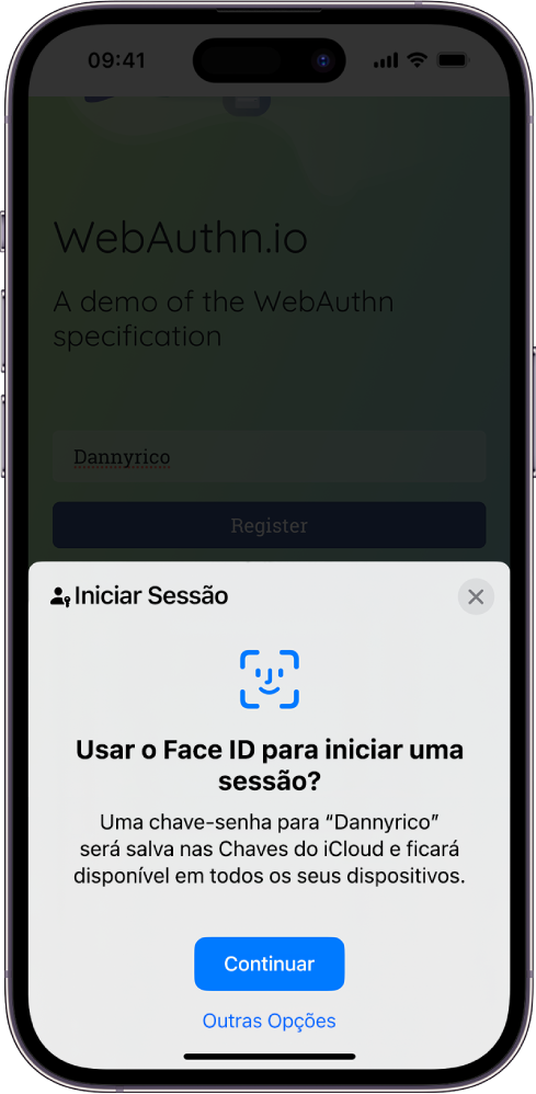 A metade inferior da tela do iPhone oferece a opção de usar chaves-senha para iniciar a sessão em um site. Ela tem o botão Continuar para salvar uma chave-senha e o botão Outras Opções.