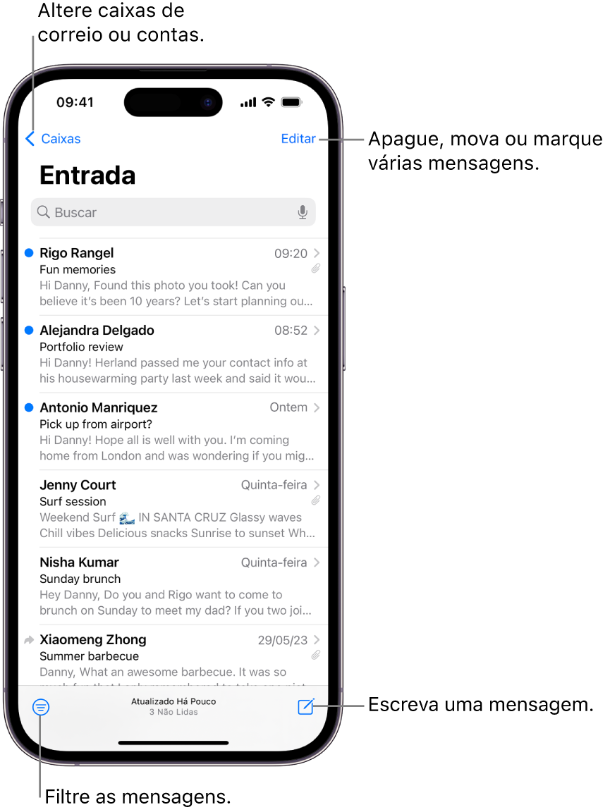Caixa de Entrada do Mail mostrando uma lista de e‑mails.