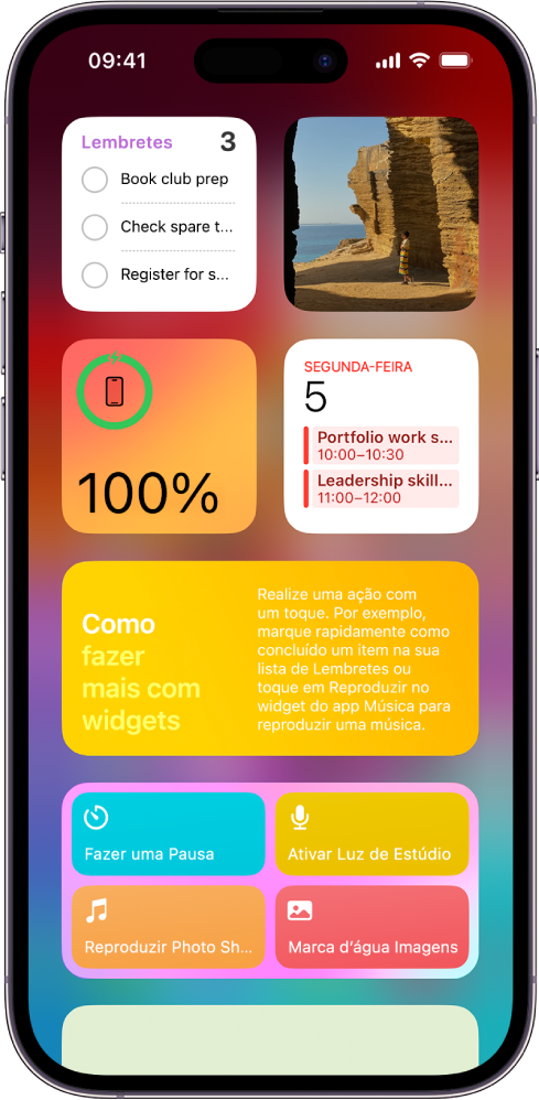 Widgets na Visualização Hoje, incluindo os widgets para Lembretes, Fotos, Bateria, Calendário, Dicas e outros.