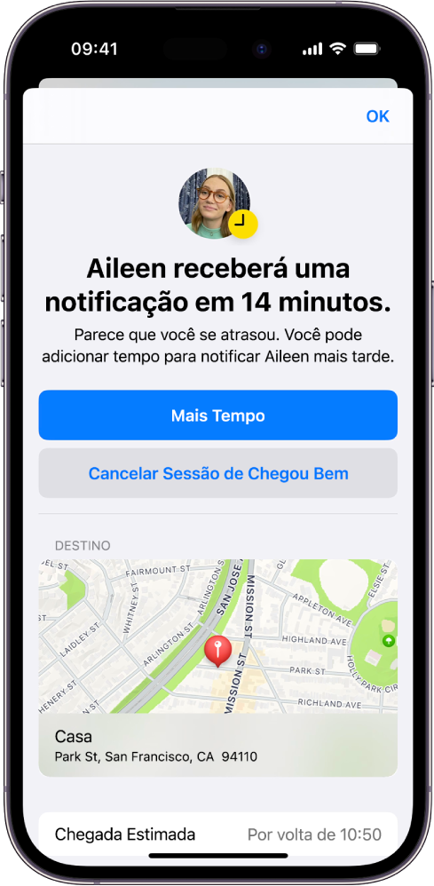 Uma tela do recurso Chegou Bem mostrando que uma pessoa receberá uma notificação em 14 minutos. Abaixo disso, opções para estender o tempo ou cancelar a sessão de Chegou Bem. Na parte inferior, uma mapa que mostra a localização atual.