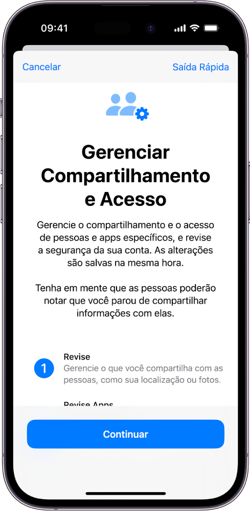 A tela Gerenciar Compartilhamento e Acesso na Verificação de Segurança, que se encontra em Ajustes.