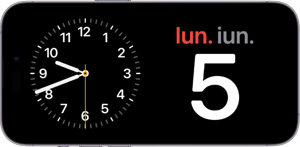 Un iPhone așezat pe orizontală. Partea stângă a ecranului afișează un ceas, iar partea dreaptă afișează data.