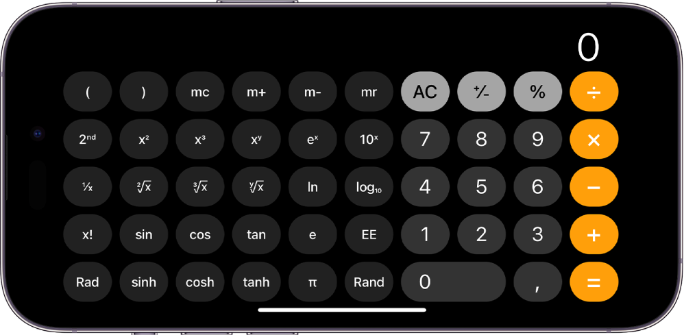 iPhone în orientare peisaj afișând calculatorul științific cu funcții exponențiale, logaritmice și trigonometrice.