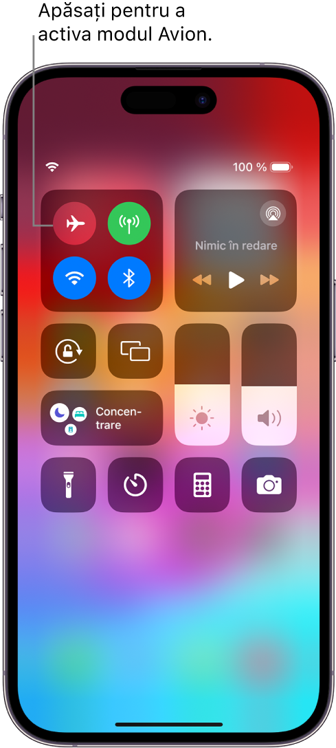 Ecranul Centru de control indicând faptul că o apăsare pe butonul din stânga sus activează modul Avion.
