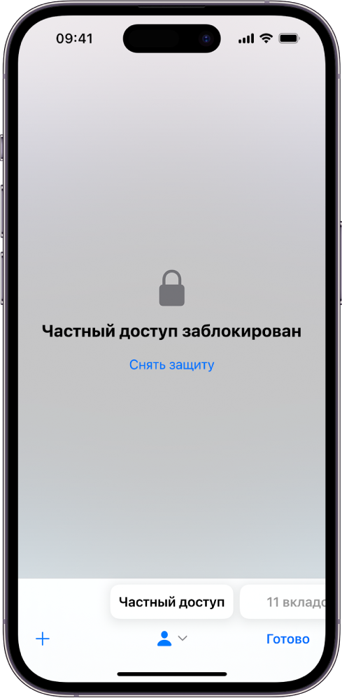 В Safari открыт экран «Частный доступ». В центре экрана написано «Частный доступ заблокирован». Под надписью — кнопка «Разблокировать».