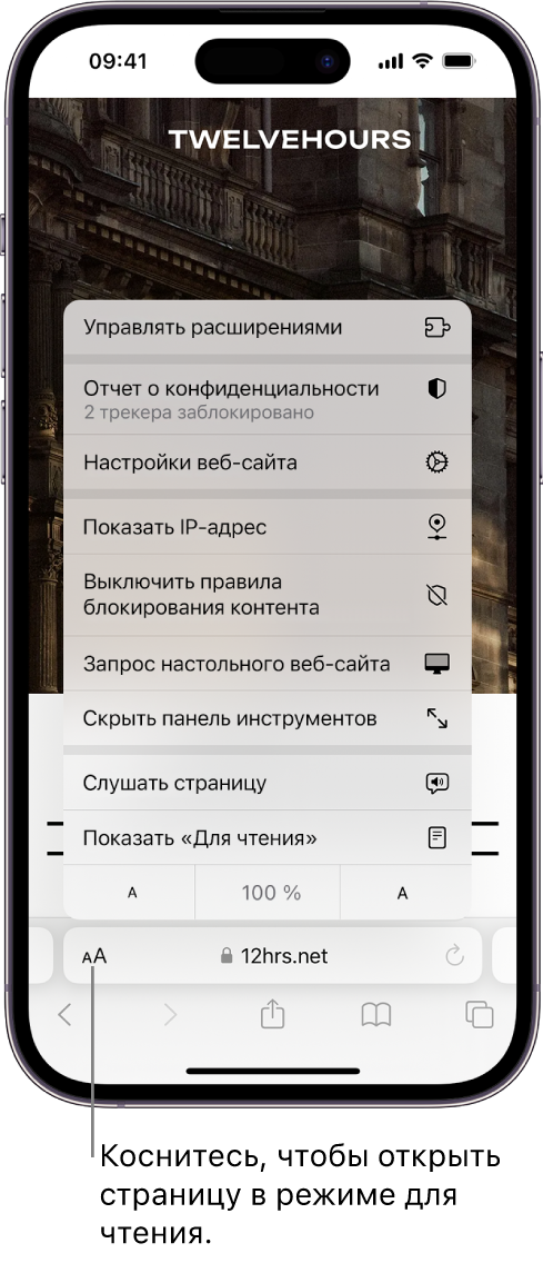 Меню параметров страницы. Внизу меню находится параметр «Показать "Для чтения"».