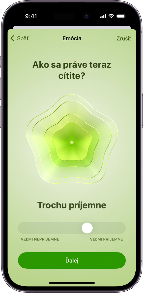 Obrazovka v apke Zdravie, na ktorej je momentálna nálada označená ako „trocha príjemná“. V dolnej časti obrazovky je posuvník na nastavenie úrovne emócie.