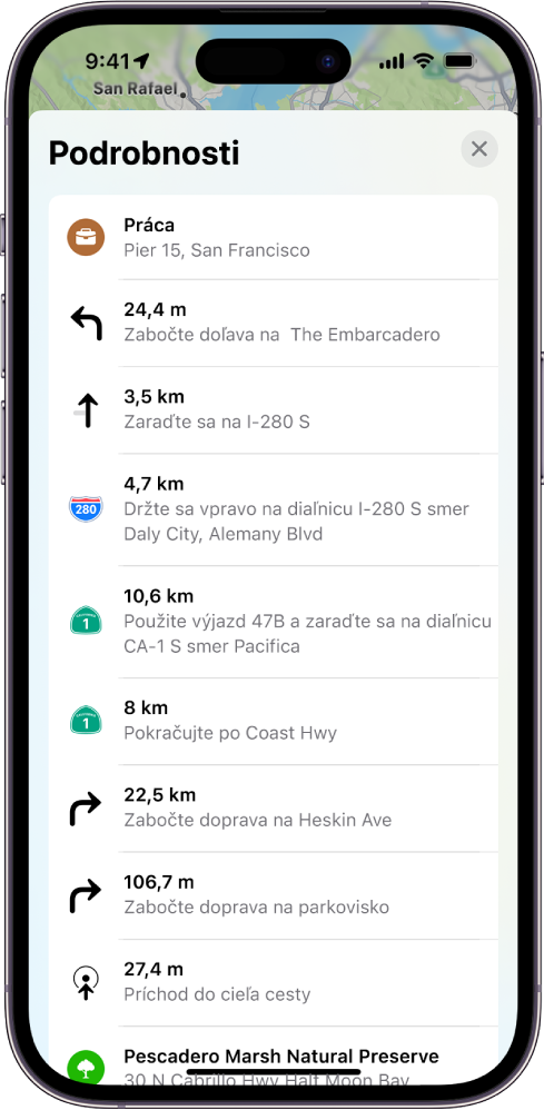 Podrobné navigačné pokyny pre trasu zobrazené v zozname.