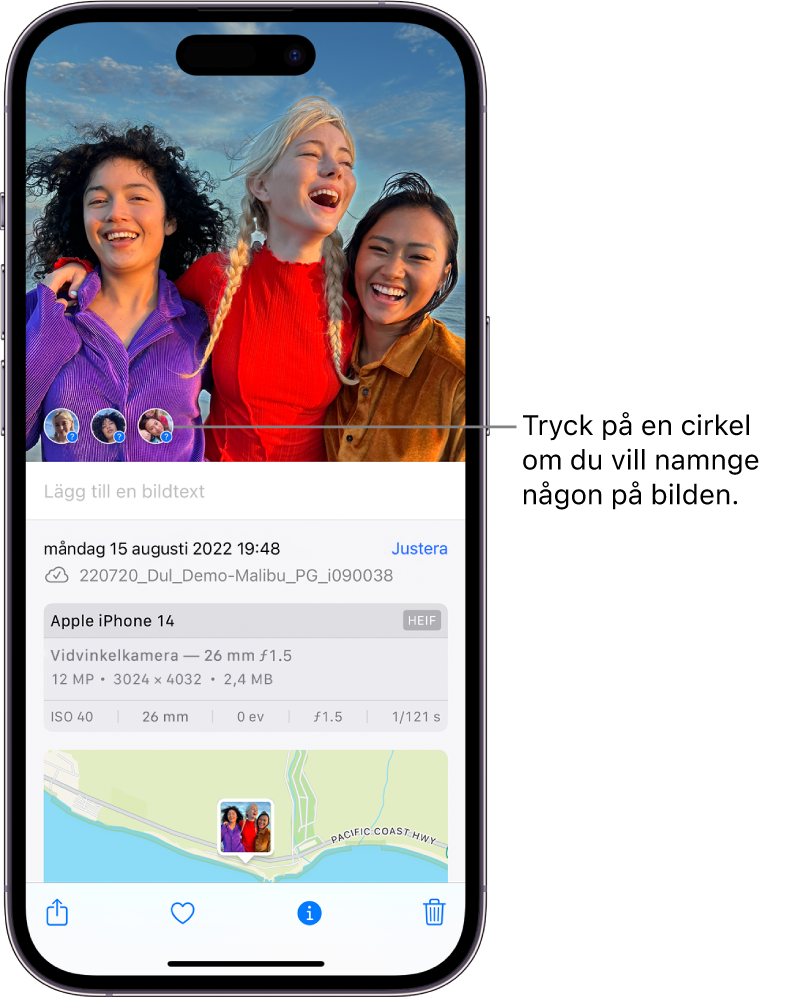 Den övre halvan av iPhone-skärmen visar en bild som är öppen i appen Bilder. I det nedre vänstra hörnet på bilden finns frågetecken bredvid personer som visas i bilden.