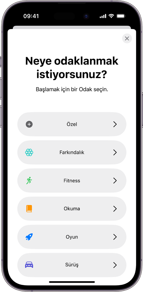 Özel, Sürüş, Fitness, Oyun, Farkındalık ve Okuma da dahil olmak üzere sağlanan ek Odak seçeneklerinden biri için Odak ayarlama ekranı.