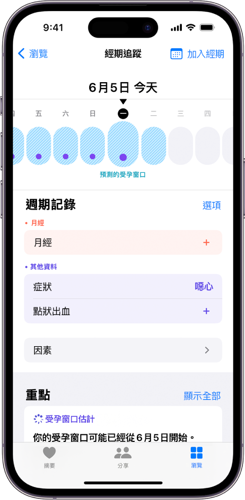 「經期追蹤」畫面靠近最上方的時間軸顯示預估的受孕窗口。時間軸下方選項可加入經期、症狀和其他資訊。