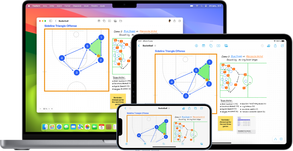 Un Mac, un iPad i un iPhone amb l’app Freeform oberta.