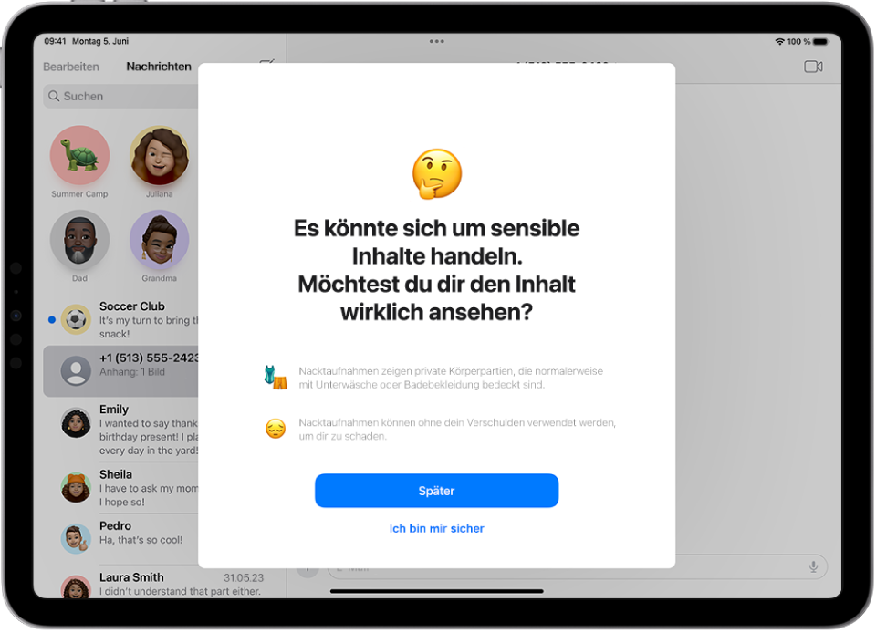 Der Bildschirm „Warnung vor sensiblen Inhalten“ mit einer Warnung, dass ein Bild möglicherweise Nacktdarstellungen enthält. Unten auf dem Bildschirm befinden sich die folgenden Tasten: „Später“ und „Ich bin sicher“.