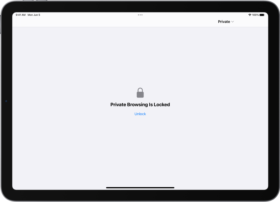Safari is open to Private Browsing. In the center of the screen are the words Private Browsing Is Locked. Below that is an Unlock button.