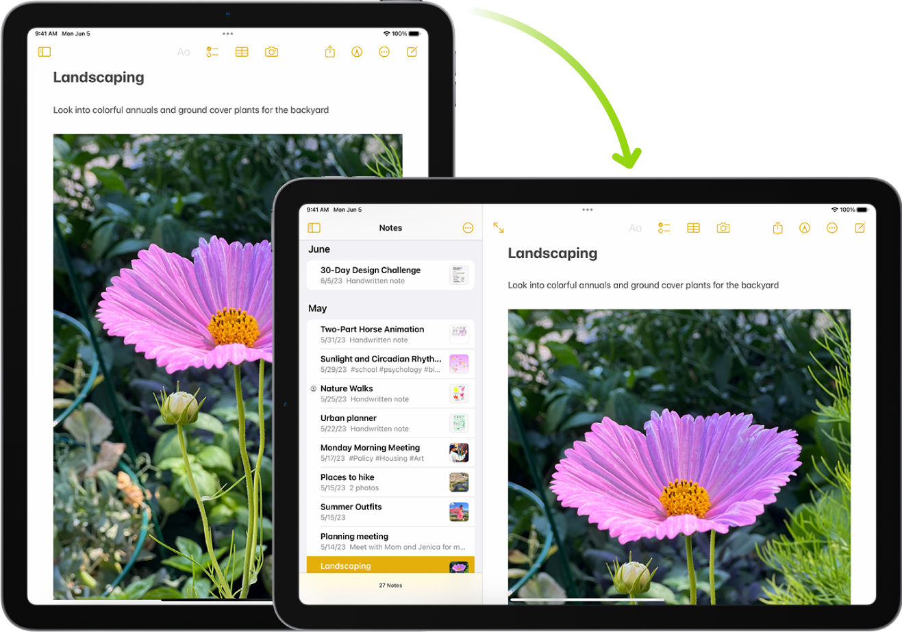 In the background, iPad displays a Notes screen in portrait orientation; in the foreground, iPad is rotated and shows the Notes screen in landscape orientation.