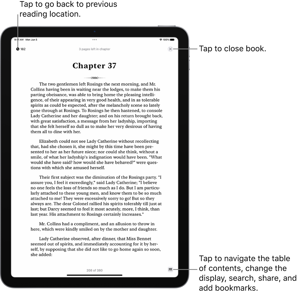 A page of a book in the Books app. At the top of the screen are the buttons for returning to the page on which you began reading and for closing the book. At the bottom right of the screen is the Menu button.