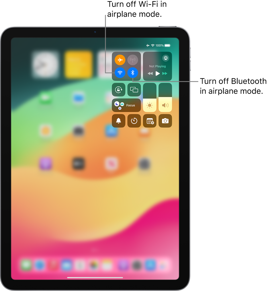 The iPad Control Center showing Airplane Mode turned on. The buttons for turning off Wi-Fi and Bluetooth are near the upper-left corner of Control Center. Tap the Bluetooth icon to turn off Bluetooth in Airplane Mode. Tap the Wi-Fi icon to turn off Wi-Fi in Airplane Mode.
