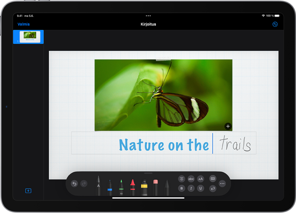 Keynote-diaan lisätään otsikkoa. Kun tekstiä kirjoitetaan käsin Apple Pencilillä, sanat muuttuvat näppäimistöllä kirjoitetuksi tekstiksi.