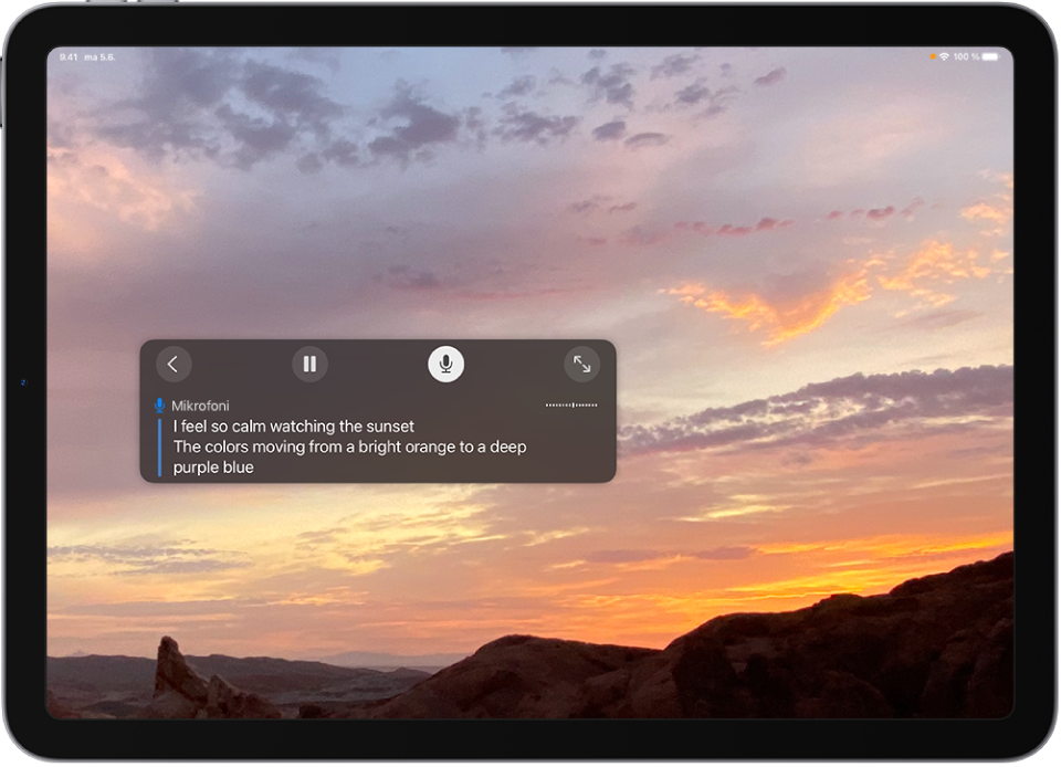 iPadissa on käytössä mikrofoni Live-tekstitystä varten, ja se kuuntelee ääntä.