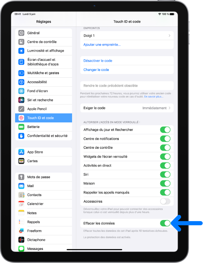 La commande « Effacer les données » située en bas de l’écran « Touch ID et code » dans Réglages.