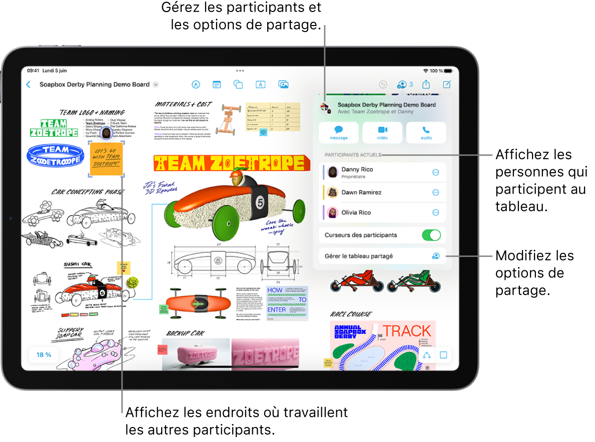 Un tableau Freeform partagé avec le menu de collaboration ouvert et l’emplacement d’un autre participant sur le tableau représenté avec des coches violettes.