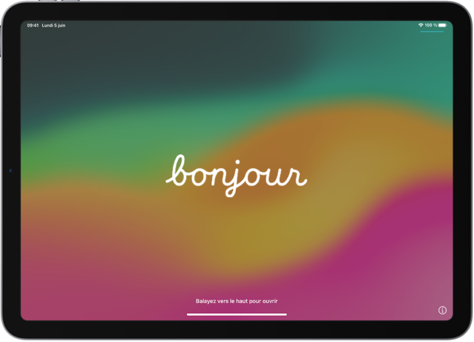 L’écran Bonjour qui s’affiche lorsque l’iPad est allumé pour la première fois.