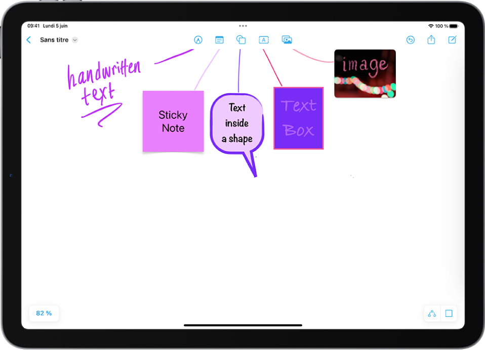 Un nouveau tableau Freeform avec un dessin, une note, une figure, une zone de texte et une image correspondant aux boutons situés vers le haut de l’écran.