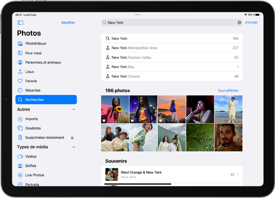 L’écran Rechercher de l’app Photos. En haut de l’écran se trouve le champ de recherche, avec les résultats de la recherche affichés en dessous.