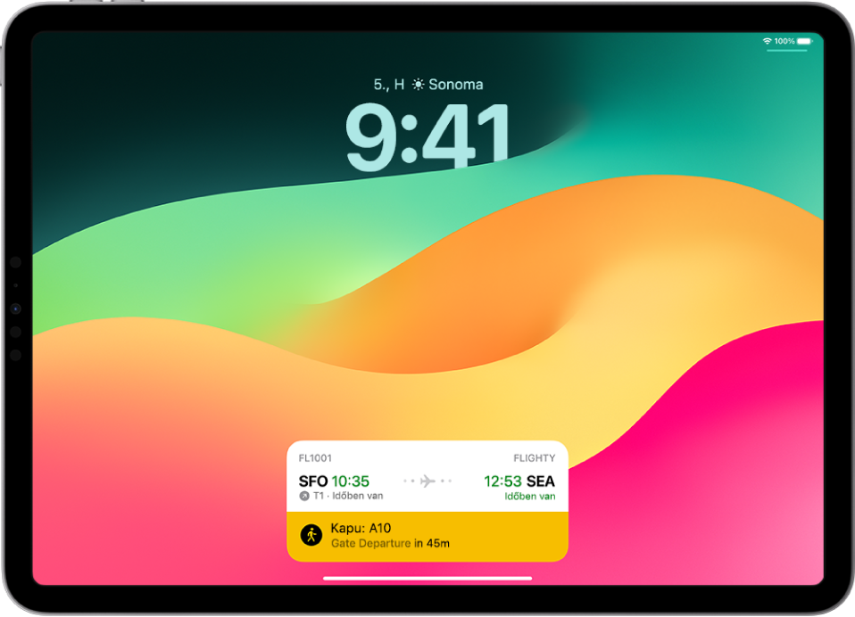 Az iPad zárolási képernyője, amelyen egy élő tevékenység jelenik meg – egy nyomon követett járat járatkövetési információi láthatók a repülési idővel és a várható indulással.
