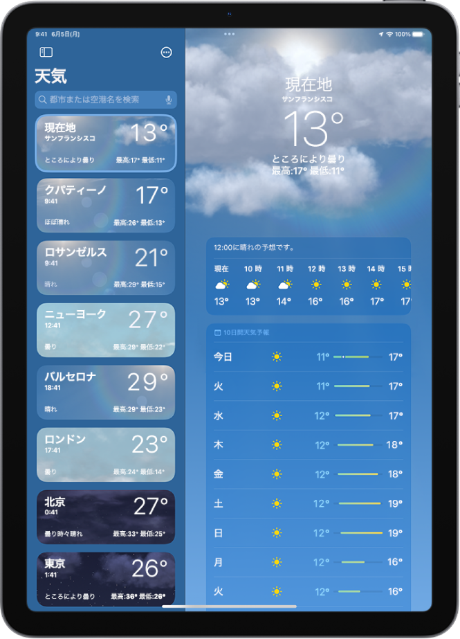 「天気」画面。画面の左側にサイドバーが表示されています。サイドバーには都市のリストがあり、現在時刻、気温、天気予報、最高/最低気温が表示されています。リストの上部では「現在地」が選択され、画面の右側にはその場所の天気予報と気象情報が表示されています。