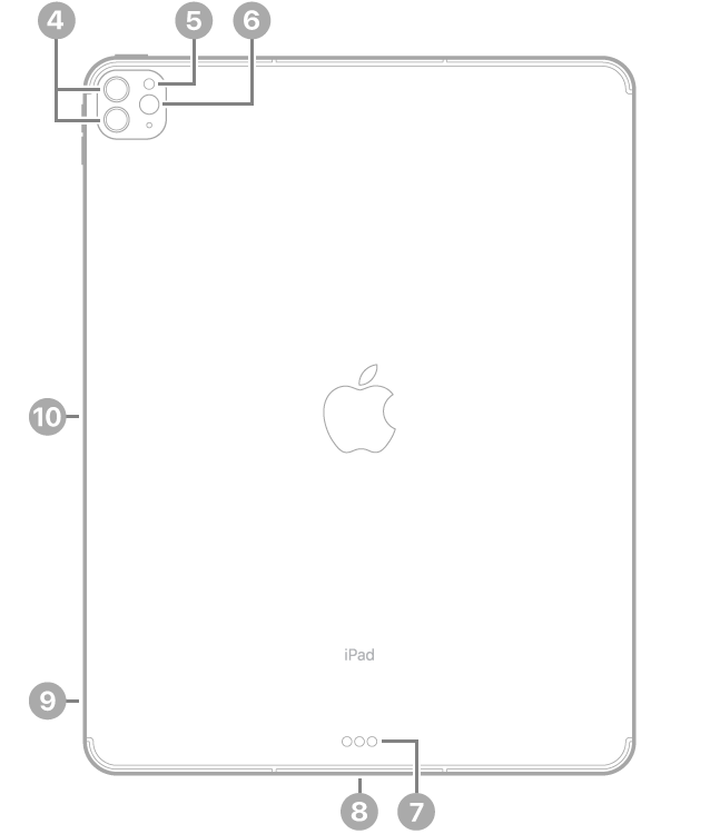 „iPad Pro“ vaizdas iš galo su nuorodomis į galines kameras ir blykstę viršuje kairėje, „Smart Connector“ bei „Thunderbolt“ / USB 4 jungtį apačioje centre, SIM kortelės dėklą („Wi-Fi“ ir mobilųjį ryšį palaikantys modeliai) apačioje kairėje ir magnetinę „Apple Pencil“ jungtį kairėje.