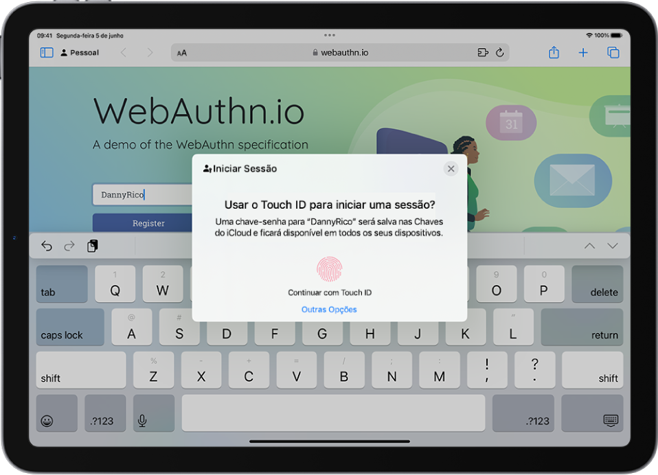 Um site está aberto no Safari. Um diálogo de início de sessão inclui opções para usar uma chave‑senha para iniciar a sessão no site ou usar outras opções.