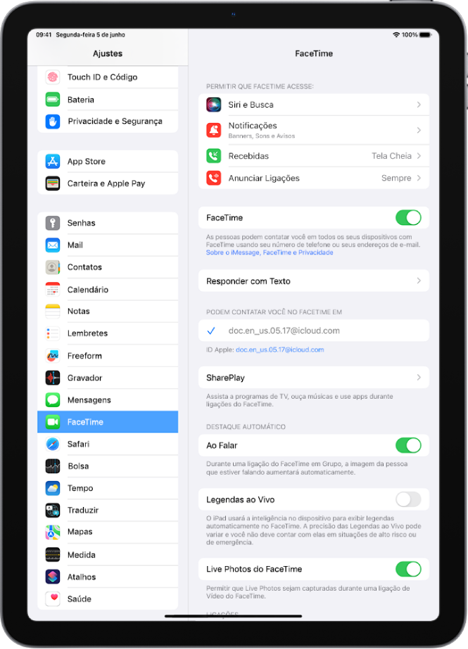 A tela de Ajustes do FaceTime mostrando o botão para ativar ou desativar o FaceTime e o campo para digitar o ID Apple para o FaceTime.